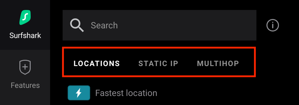 Surfshark VPN interface on Fire TV showing top navigation tabs: Locations, Static IP, and Multihop.

