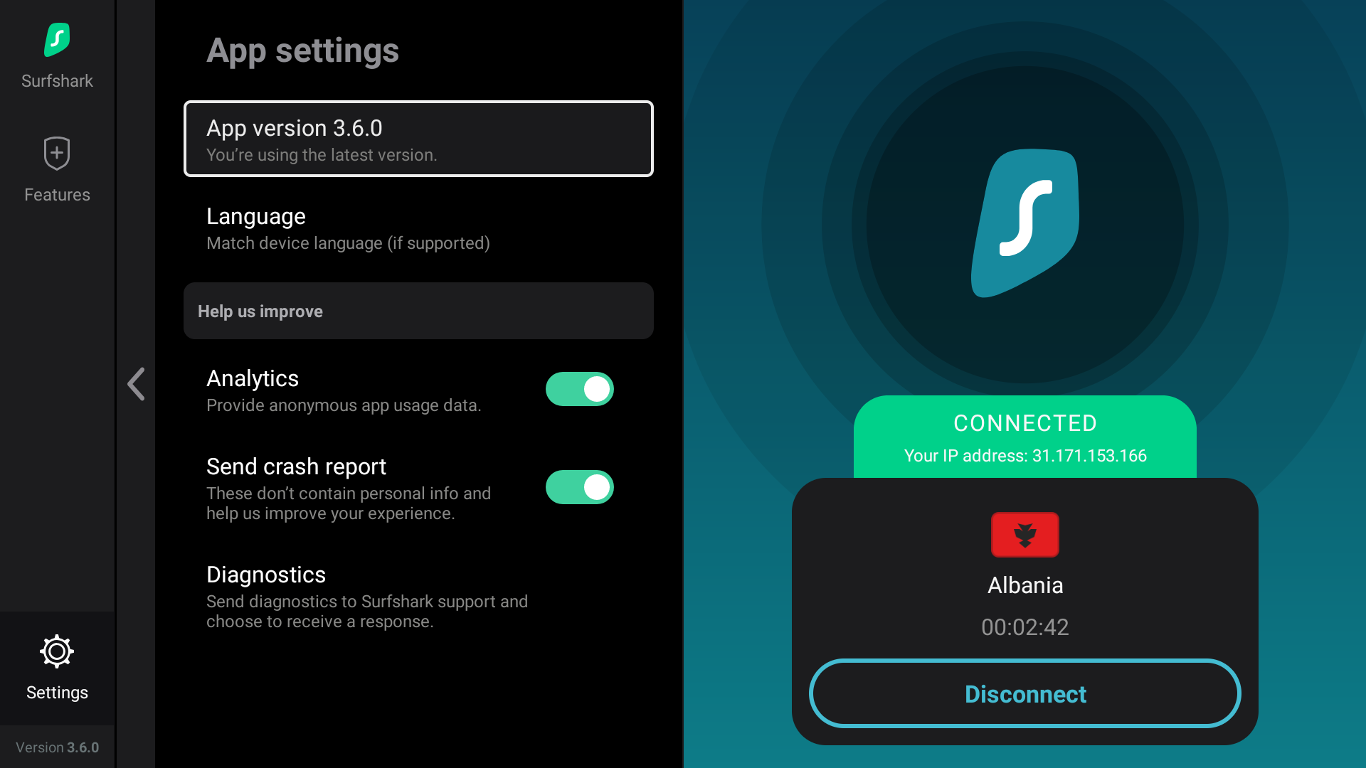 Surfshark VPN “App settings” screen on Fire TV showing app version, language setting, and enabled options for analytics, crash reports, and diagnostics.