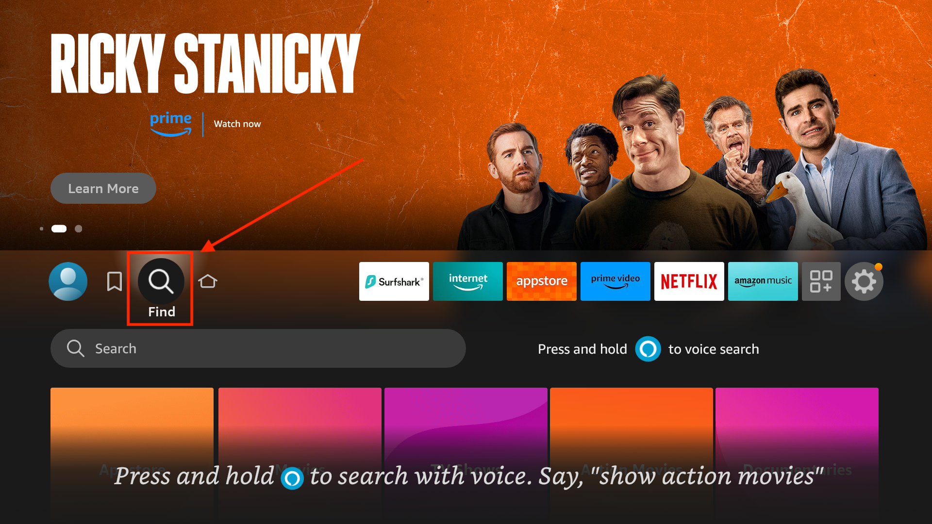 Fire TV interface highlighting the 'Find' button