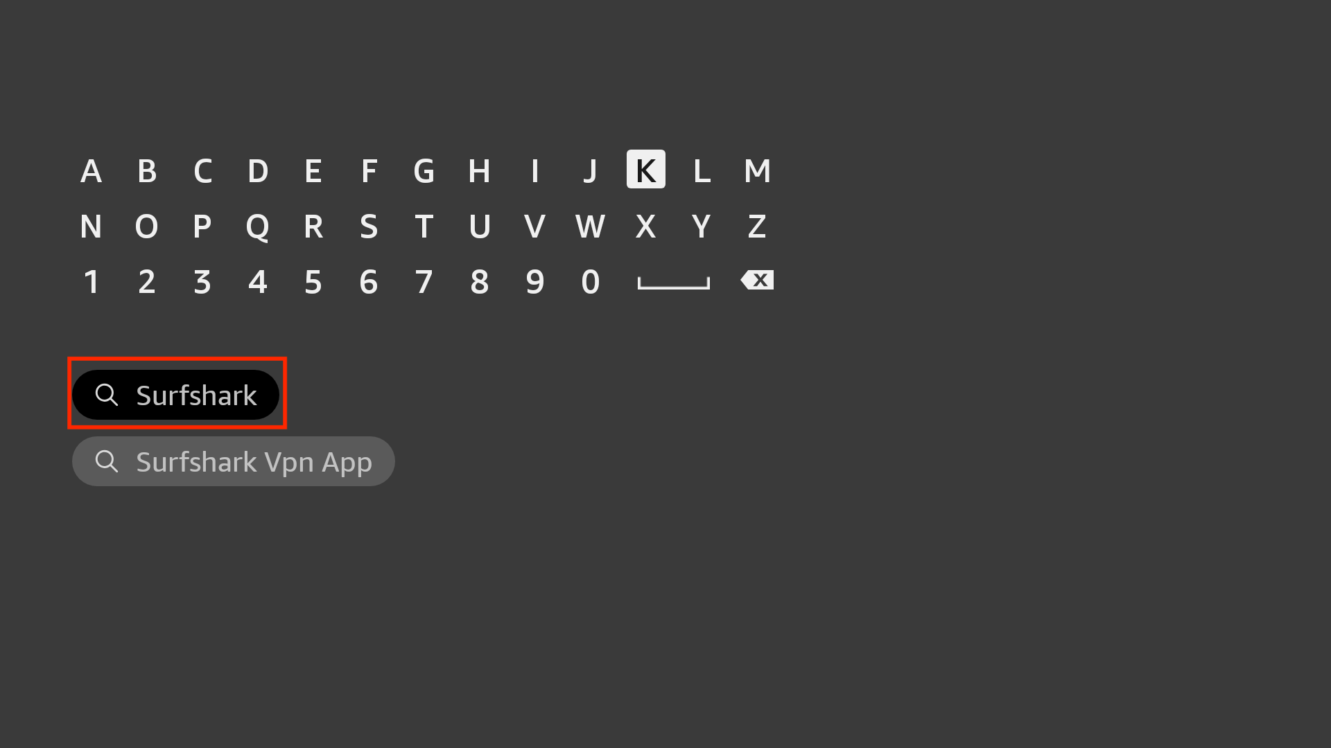 Fire TV on-screen keyboard with the word 
